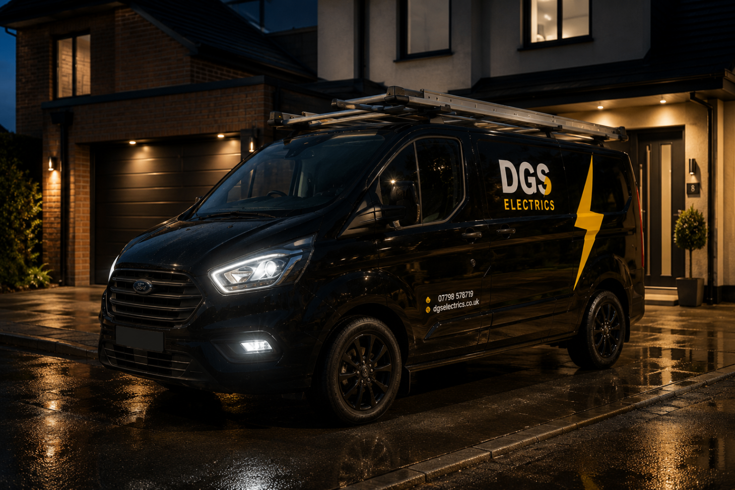 DGS Electrics Ford Transit Custom parked outside a modern Surrey home at dusk